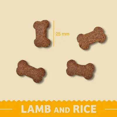 Bone-shaped lamb and rice treats shown with a size reference of 25 mm.