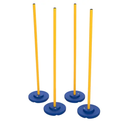 Four yellow poles with blue round bases, suitable for training or play purposes.