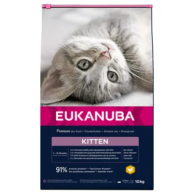 Eukanuba Kitten ξηρά τροφή, 91% ζωική πρωτεΐνη, χωρίς σιτάρι, με DHA για υγιή ανάπτυξη εγκεφάλου, για γατάκια 1-12 μηνών. Συσκευασία: 10 kg.