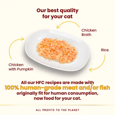 Chicken with pumpkin, chicken broth and rice on a white plate. Text: Our best quality for your cat. 100% human-grade meat and/or fish, originally fit for human consumption, now food for your cat.