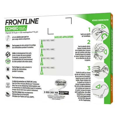 Frontline Combo Spot-On Chiens S, mode d’emploi illustré pour pipette, tableau dates d’application, informations sur protection contre puces, œufs, larves, tiques et poux broyeurs.