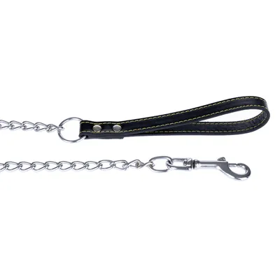 Hondenriem van metalen ketting met zwart lederen handvat en karabijnhaak.