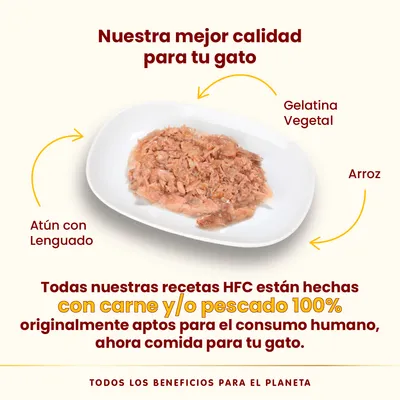 Nuestra mejor calidad para tu gato. Atún con lenguado, gelatina vegetal y arroz. Todas nuestras recetas HFC están hechas con carne y/o pescado 100% aptos para consumo humano.