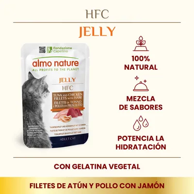 almo nature HFC Jelly, filetes de atún y pollo con jamón para gatos adultos. 100% natural, mezcla de sabores, potencia la hidratación, con gelatina vegetal. Fondazione Capellino.
