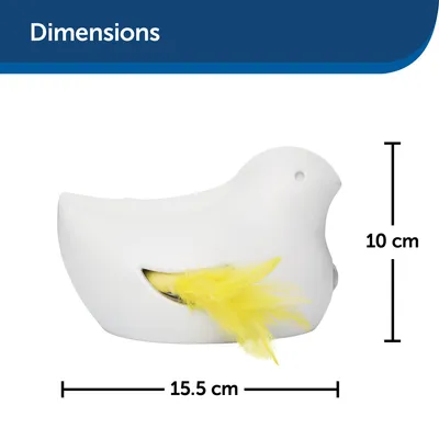 Rozměry produktu: délka 15,5 cm, výška 10 cm. Bílé ptačí hračky se žlutým peřím viditelným.