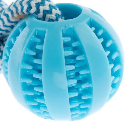 Pelota azul de plástico con protuberancias y cuerda integrada con diseño blanco y azul.