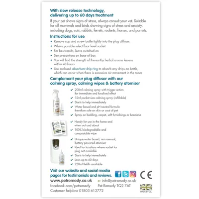 Instructions for use and product features for plug diffuser, calming spray, wipes, and battery atomiser. Includes usage tips, benefits, and contact details for Pet Remedy support.