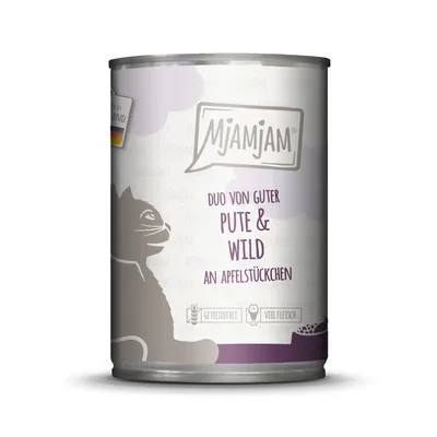 MjAMjAM Duo von guter Pute & Wild an Apfelstückchen. Getreidefrei, viel Fleisch. Hergestellt in Deutschland.