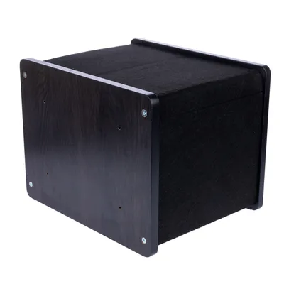 Black cube box with wooden sides and screws, suitable as furniture or storage unit.