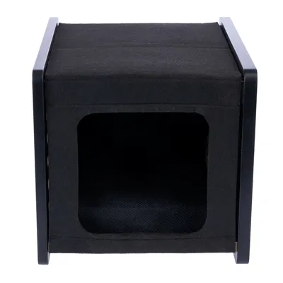 Black fabric cube cave with metal frame, square opening visible at the front.