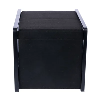 Black cube shape with metal frame, suitable as furniture or storage box.