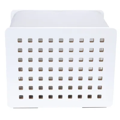 White box with square ventilation holes, suitable for storage or as a piece of furniture.