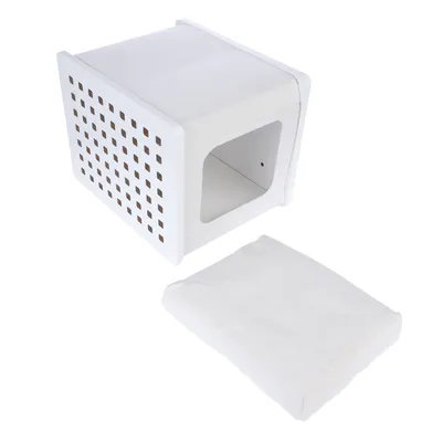 White cube box with perforated sides and removable cushion, suitable as a sleeping place or hideaway. Box made of wood, cushion with fabric cover.