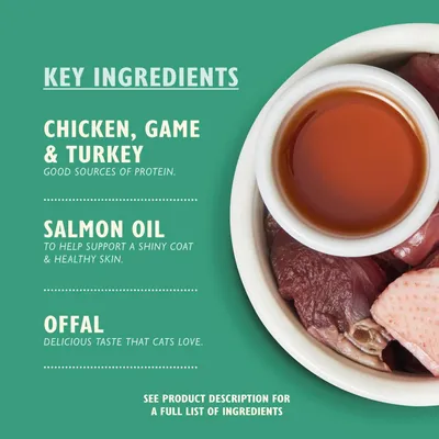 Key ingredients: chicken, game and turkey for protein, salmon oil for shiny coat and healthy skin, offal for taste. See product description for full list of ingredients.