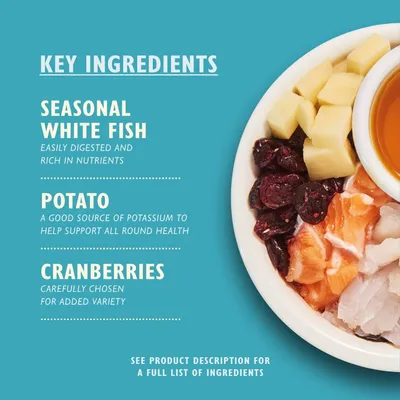 Key ingredients: seasonal white fish, easily digested and rich in nutrients; potato, a good source of potassium; cranberries, carefully chosen for added variety.
