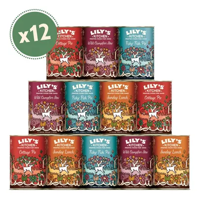 Multipack of 12 Lily's Kitchen proper food for dogs tins in assorted flavours: Cottage Pie, Wild Campfire Stew, Fishy Fish Pie and Sunday Lunch. 'x12' shown in green circle.