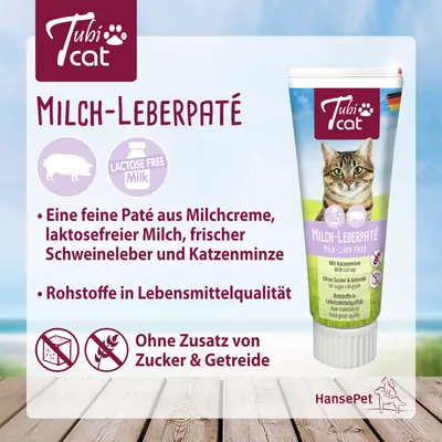 Tubi Cat Milch-Leberpaté, texte en allemand : pâté à la crème de lait, lait sans lactose, foie de porc frais, cataire. Sans sucre ni céréales. Qualité alimentaire. Texte non traduit.