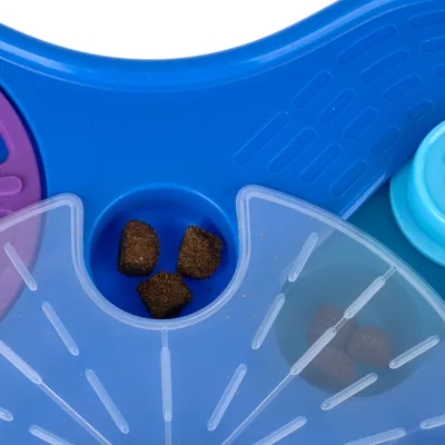 Jeu d’intelligence pour animaux en plastique bleu, violet et transparent, compartiments contenant des croquettes brunes visibles.