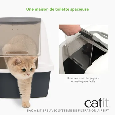 catit Maison de toilette avec système de filtration Airsift, design spacieux, grande trappe d’accès pour un nettoyage facile. Texte : Une maison de toilette spacieuse, accès large pour nettoyage facile. catit Maison de toilette avec système de filtration Airsift, design spacieux, grande trappe d’accès pour un nettoyage facile. Texte : Une maison de toilette spacieuse, accès large pour nettoyage facile.