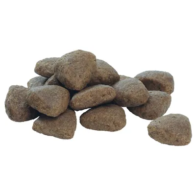 Bucăți de hrană uscată sub formă de crochete triunghiulare, maro, prezentate pe fundal alb. Nu este vizibil niciun ambalaj sau marcă.