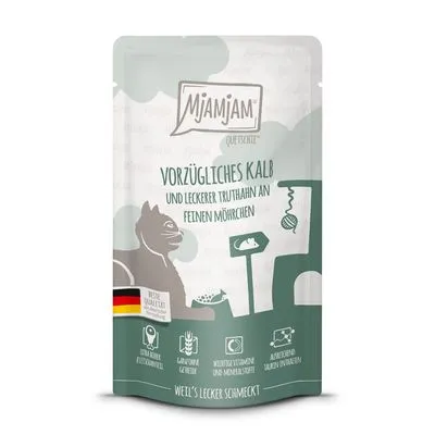Mjamjam Vorzügliches Kalb und leckerer Truthahn an feinen Möhrchen, Duitse kwaliteit, pictogrammen voor voedingsinformatie zichtbaar op verpakking.