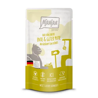 Mjamjam Quetschie Duo con anatra tenera e tacchino su zucca cotta a vapore. Alta qualità tedesca. Contenuto extra di carne, con vitamine essenziali e taurina.