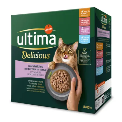 Ultima Delicious Irresistibles morceaux en sauce, sans colorants ni conservateurs ajoutés, 8 x 85 g, avec poulet, saumon, dinde et truite. Ultima Delicious Irresistibles morceaux en sauce, sans colorants ni conservateurs ajoutés, 8 x 85 g, avec poulet, saumon, dinde et truite.