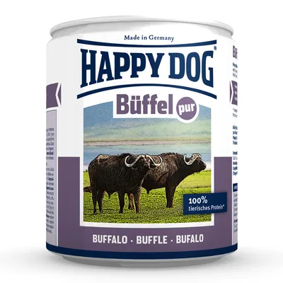 Lata de comida para perros Happy Dog Büffel pur, texto visible: Made in Germany, 100% tierisches Protein*, Buffalo · Buffle · Bufalo. Imagen de dos búfalos en el campo.