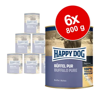 Happy Dog Büffel Pur Buffalo Pure, 6x800 g, 100% tierisches Protein. Slika prikazuje šest limenki pseće hrane s vidljivim brendom i oznakom količine.