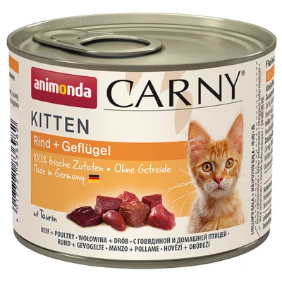 animonda Carny Kitten Rind + Geflügel, 100 % frische Zutaten, sans céréales, Made in Germany, avec taurine, boîte de pâtée pour chaton, morceaux de bœuf et volaille visibles sur l’étiquette
