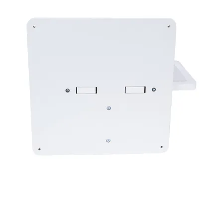 Pannello posteriore bianco con due aperture rettangolari e quattro fori per viti, adatto per il montaggio.