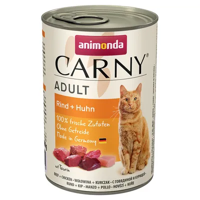 Animonda Carny Adult marha + csirke, 100% friss összetevők, gabonamentes, Made in Germany. Konzerv macska és húskockák képével.
