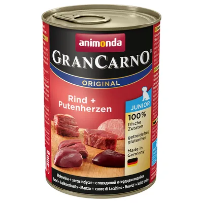 Консерва Animonda GranCarno Original Rind + Putenherzen, JUNIOR, 100% frische Zutaten, без зърнени и глутен, произведено в Германия, 400 г. Видими парчета месо на етикета.