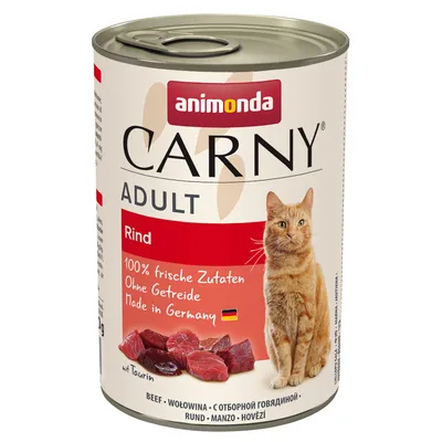 Animonda Carny Adult marhahús. 100% friss összetevők, gabonamentes, Made in Germany. Taurinnal. Húskockák és piros címke látható.