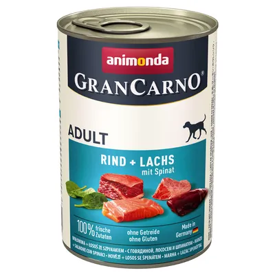 Консерва animonda GranCarno ADULT RIND + LACHS mit Spinat. 100% frische Zutaten, ohne Getreide ohne Gluten, Made in Germany. Изображения на говеждо, сьомга и спанак.