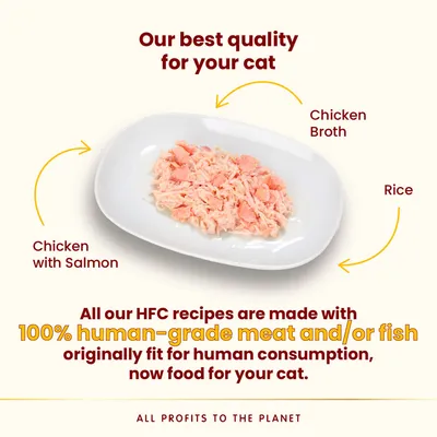 Plate showing chicken with salmon, chicken broth and rice. Text states all HFC recipes use 100% human-grade meat or fish, originally fit for human consumption, now food for your cat.