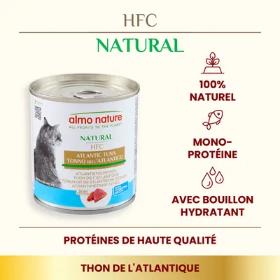 Boîte de nourriture pour chat almo nature HFC Natural Thon de l’Atlantique, 100 % naturel, mono-protéine, avec bouillon hydratant, protéines de haute qualité. Texte en anglais et italien visible.