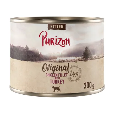 Boîte Purizon Kitten Original, Chicken Fillet with Turkey, 14 % protéines, 200 g. Texte visible en anglais, illustration de chat et paysage sur l’étiquette.