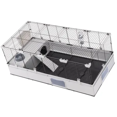 Kleintierkäfig mit Metall-Gitterwänden, Kunststoffboden, Rampe und integriertem Häuschen. Geeignet für Innenhaltung von Kleintieren.