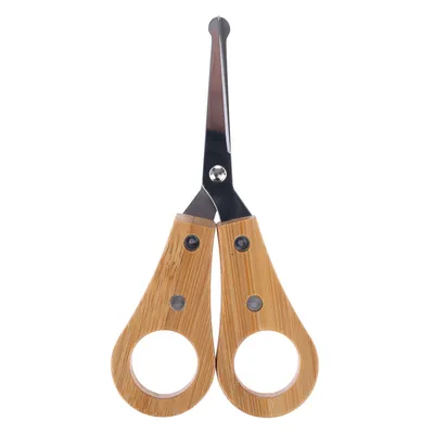 Scissors with bamboo handles and rounded stainless steel blades.