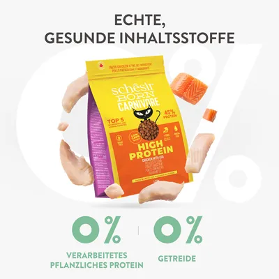 Schesir Born Carnivore High Protein Hundefutter mit 45% Protein, ohne verarbeitetes pflanzliches Protein und Getreide. Echte, gesunde Inhaltsstoffe: Huhn, Ei, Lachs.