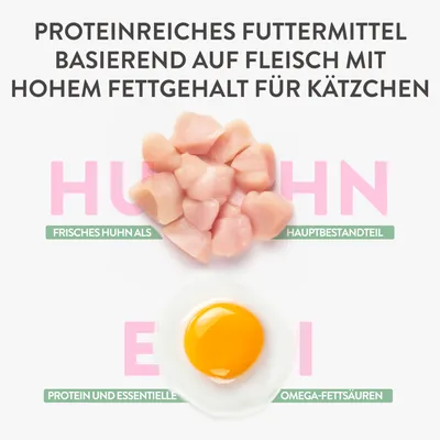 Proteinreiches Futter für Kätzchen mit frischem Huhn als Hauptbestandteil und Ei für essentielle Omega-Fettsäuren. Hoher Fettgehalt basierend auf Fleisch.