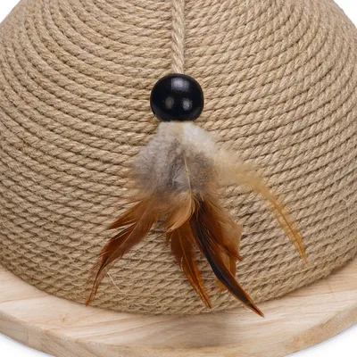 Toy made of sisal rope with wooden base, black ball and brown feathers.