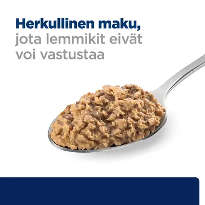 Teksti: Herkullinen maku, jota lemmikit eivät voi vastustaa. Kuvassa lusikallinen ruskeaa märkäruokaa lemmikeille.