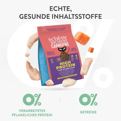 Schesir Born Carnivore High Protein, Huhn mit Hering & Lachs. 45% Protein, 0% verarbeitetes pflanzliches Protein, 0% Getreide. Echte, gesunde Inhaltsstoffe.