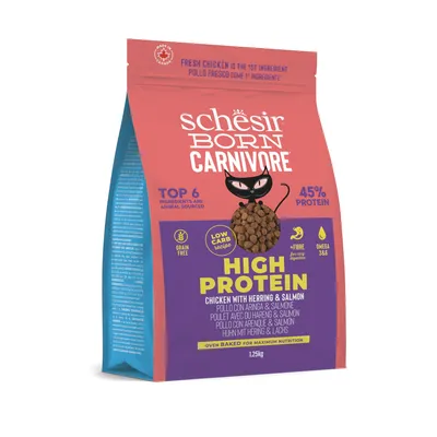 Schesir Born Carnivore High Protein droogvoer met kip, haring en zalm. 45% eiwit, graanvrij, Omega 3&6, 1,25kg verpakking.
