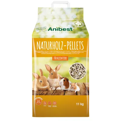 Anibest Naturholz-Pellets dla gryzoni, bardzo chłonne i wiążące zapachy, opakowanie 11 kg. Odpowiednie dla królików, świnek morskich i chomików.