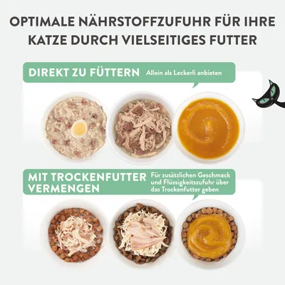 Optimale Nährstoffzufuhr für Katzen durch vielseitiges Futter. Direkt zu füttern: Allein als Leckerli anbieten. Mit Trockenfutter vermengen: Für Geschmack und Flüssigkeitszufuhr ergänzen.