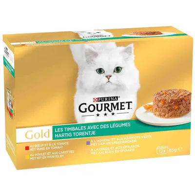 Purina Gourmet Gold, Les Timbales cu legume. Selecție: vită cu roșii, pui cu morcovi, miel cu fasole, curcan cu spanac. Pachet conține 12x85g.
