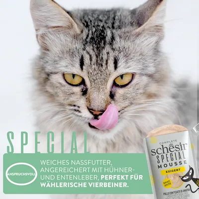 Schesir Special Mousse Exigent. Weiches Nassfutter mit Hühner- und Entenleber, perfekt für wählerische Vierbeiner.